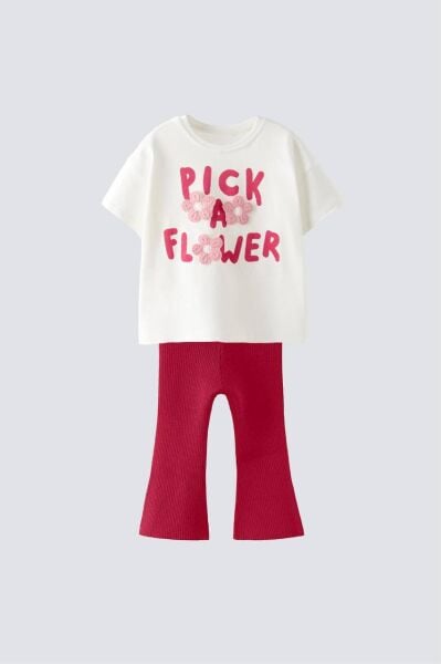 Flower punch işlemeli taytlı takım pembe