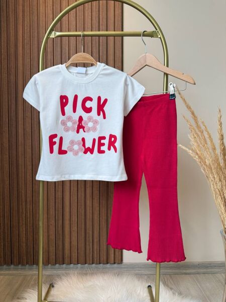 Flower punch işlemeli taytlı takım pembe