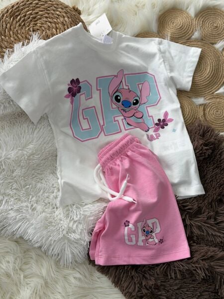Karakter baskılı şortlu takım pembe