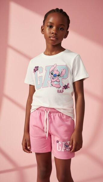 Karakter baskılı şortlu takım pembe