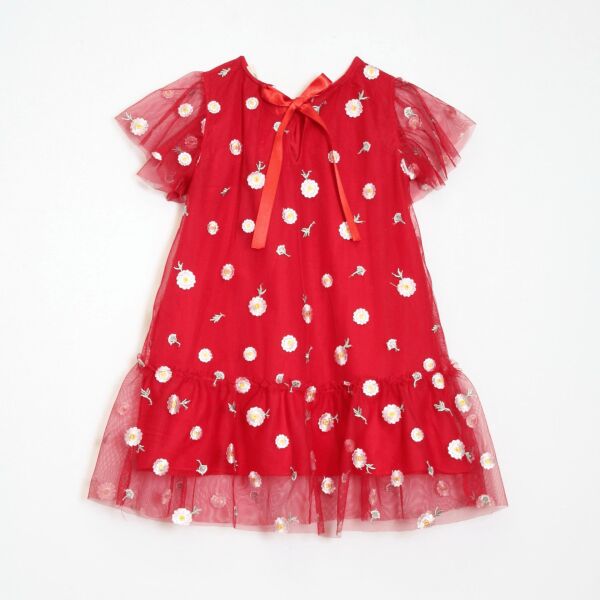 Papatya işlemeli kırmızı elbise