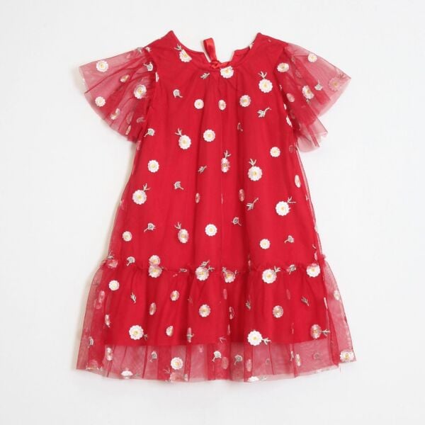 Papatya işlemeli kırmızı elbise