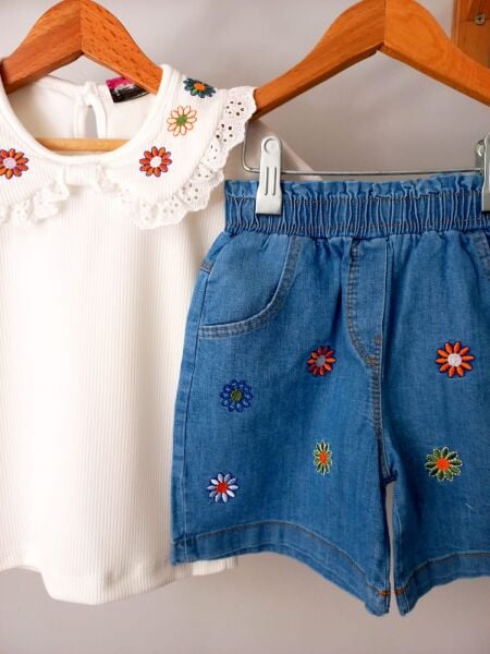 Cicek nakış işlemeli şortlu takım
