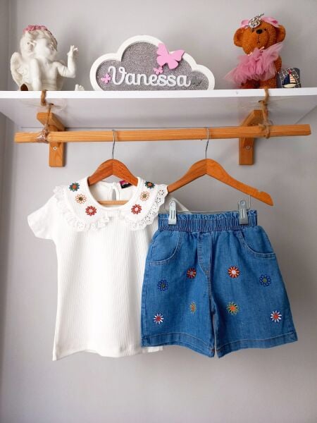 Cicek nakış işlemeli şortlu takım