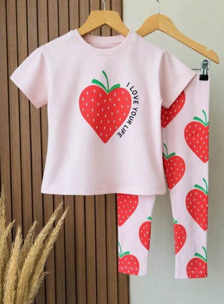 Çilek baskılı taytlı takım