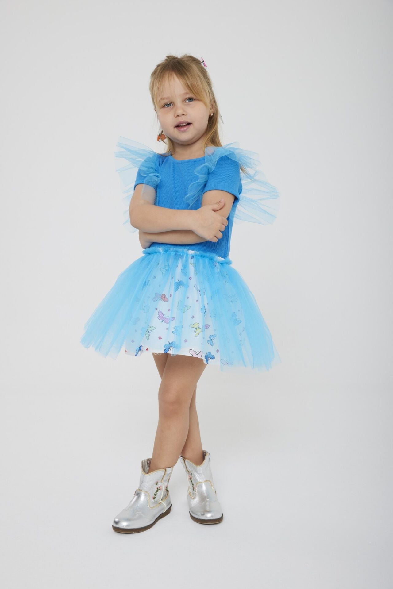 Tül detaylı etekli takım mavi (toka dahil)