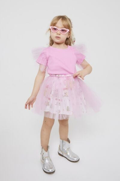 Tül detaylı etekli takım pembe (toka dahil)