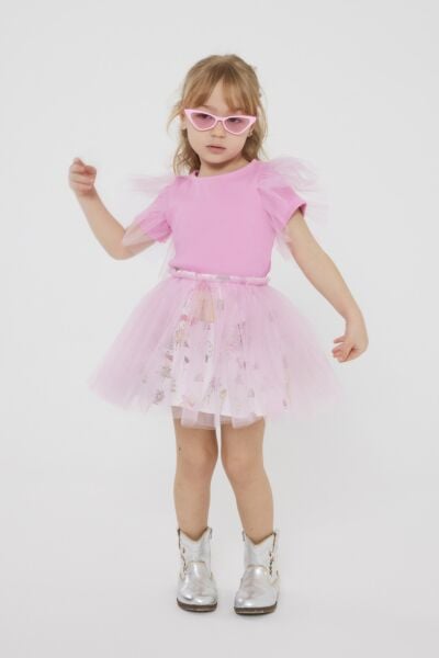 Tül detaylı etekli takım pembe (toka dahil)