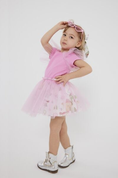 Tül detaylı etekli takım pembe (toka dahil)