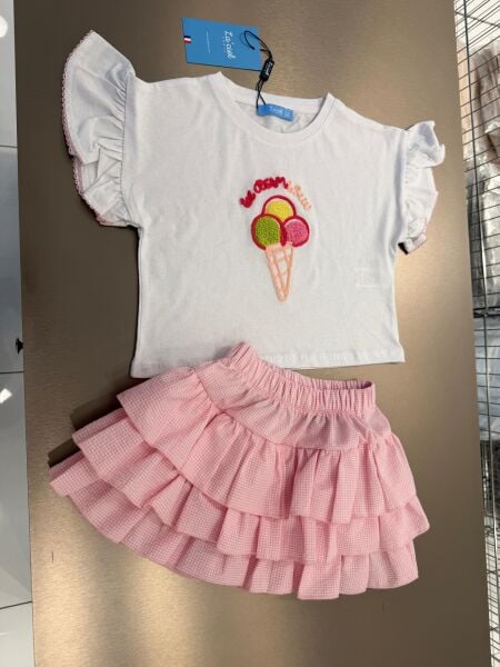 Laciel dondurma işlemeli pötikare etek takım Pembe