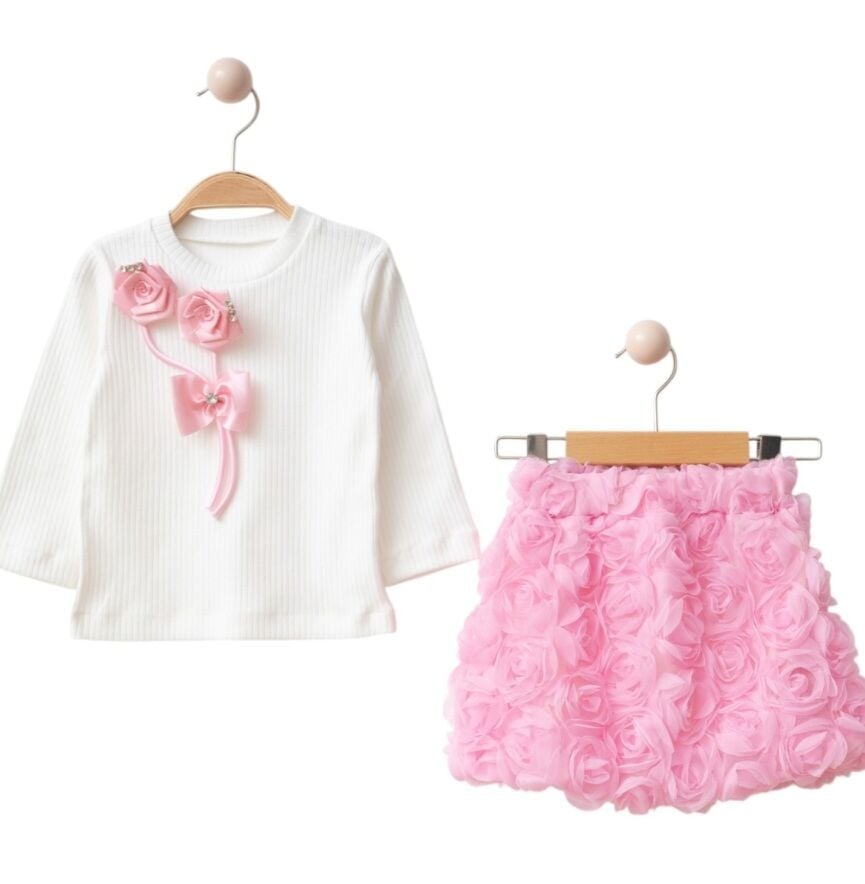 Gül detaylı balon etek takım pembe