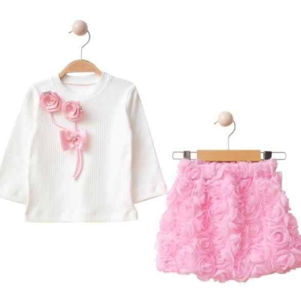 Gül detaylı balon etek takım pembe