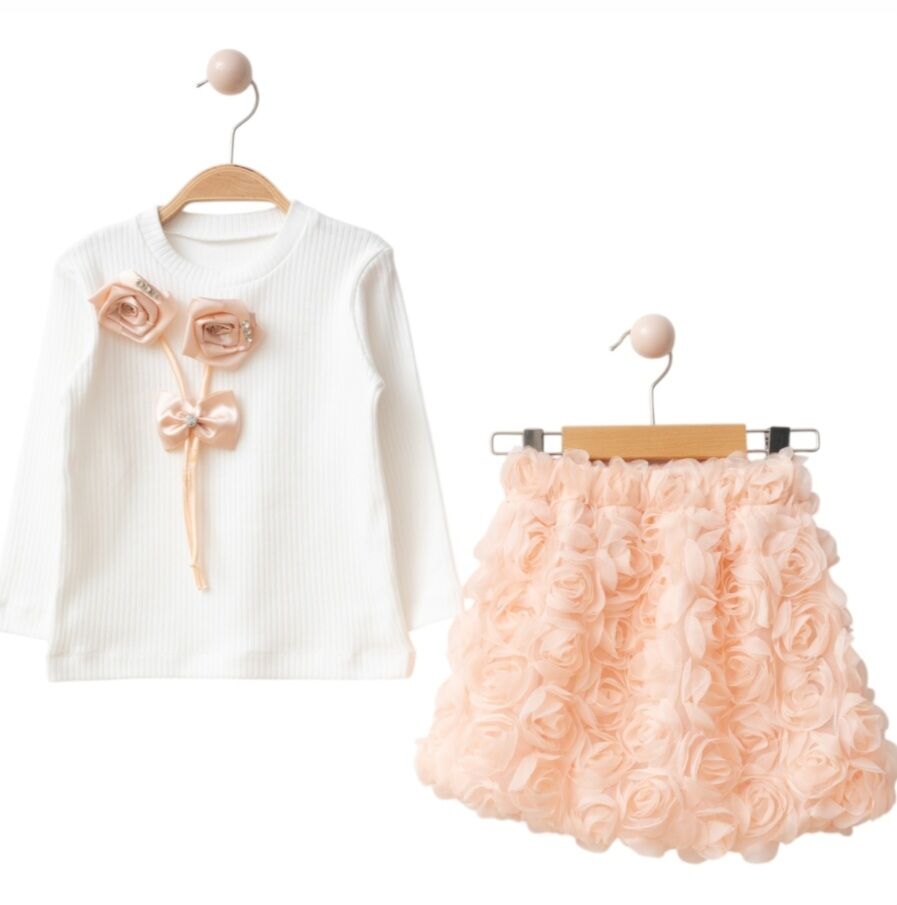 Gül detaylı balon etek takım somon