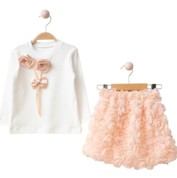 Gül detaylı balon etek takım somon