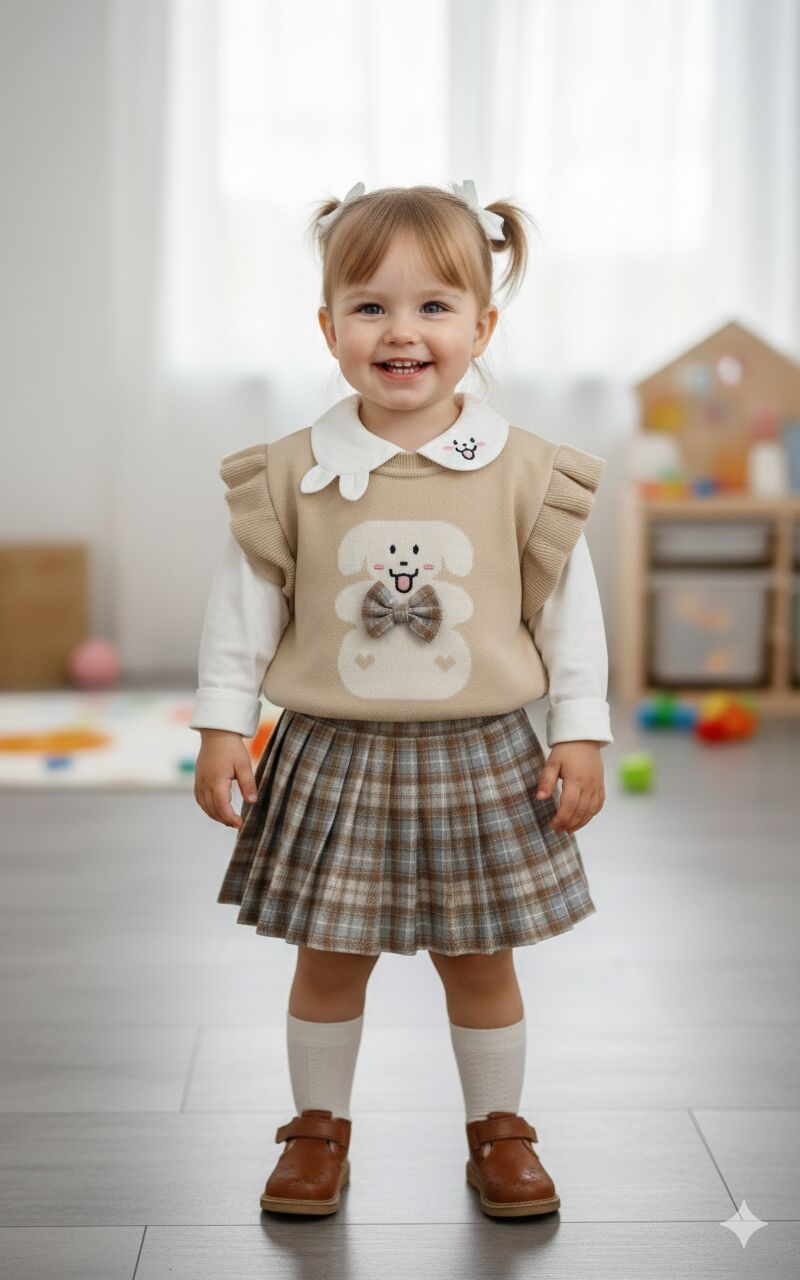 Tavşan yaka detaylı süveterli üçlü takım krem 18/24 ay