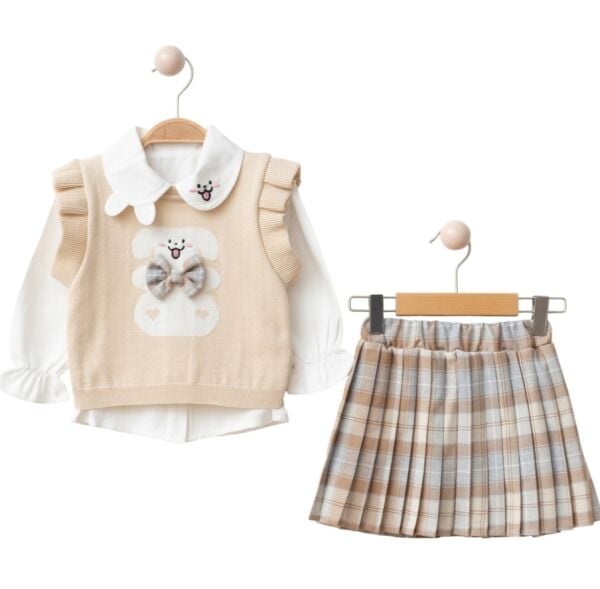 Tavşan yaka detaylı süveterli üçlü takım krem