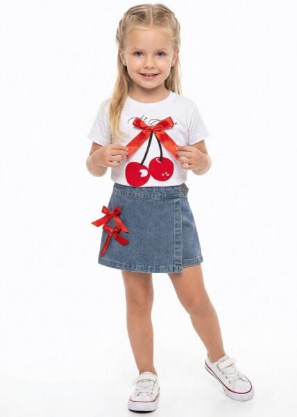 Kiraz detaylı şort etek takım