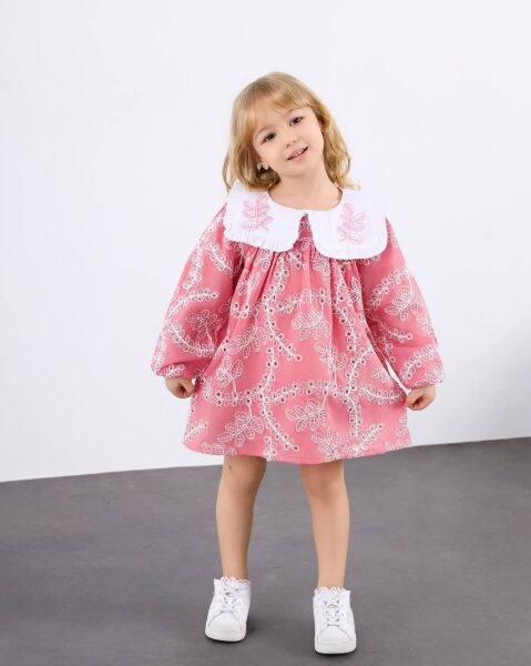 Yaka nakış işlemeli elbise Pembe