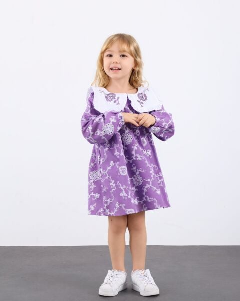 Yaka nakış işlemeli elbise lila