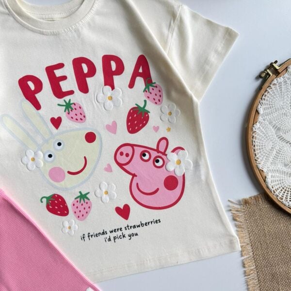 Karakter baskılı biker taytlı takım pembe