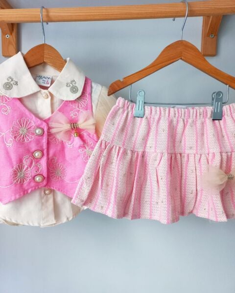 Nakışlı tüllü 3 lü set takım pembe