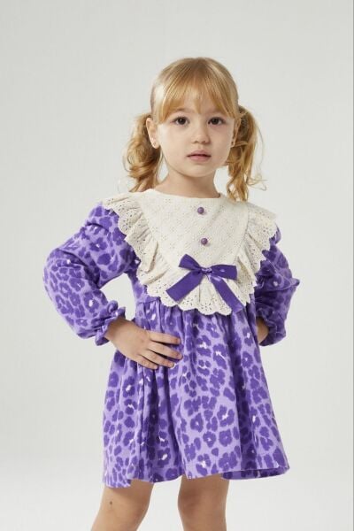 Fisto detaylı leopar elbise mor