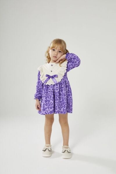 Fisto detaylı leopar elbise mor