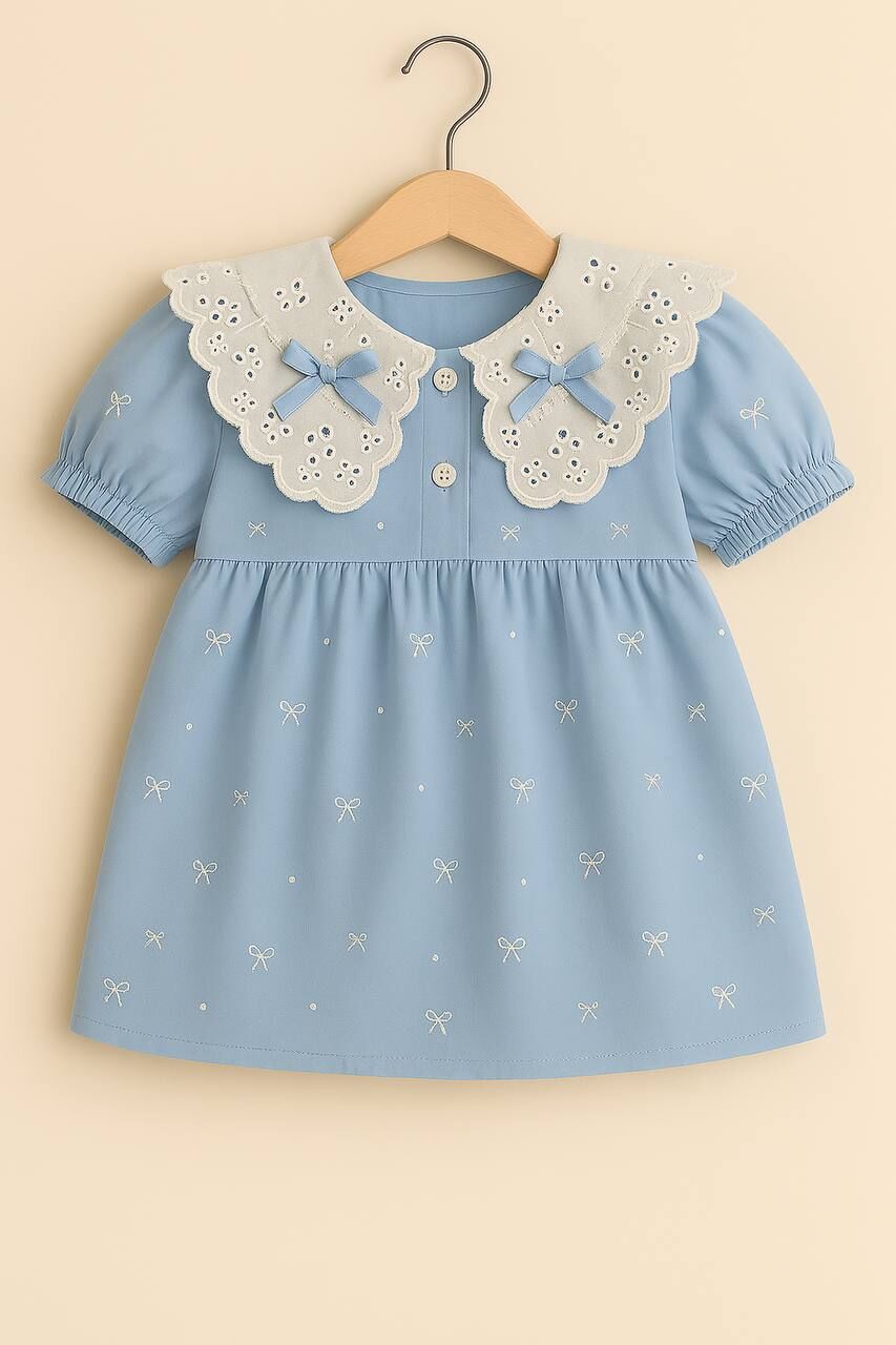 Fiyonk işlemeli mavi elbise 5/6 yaş