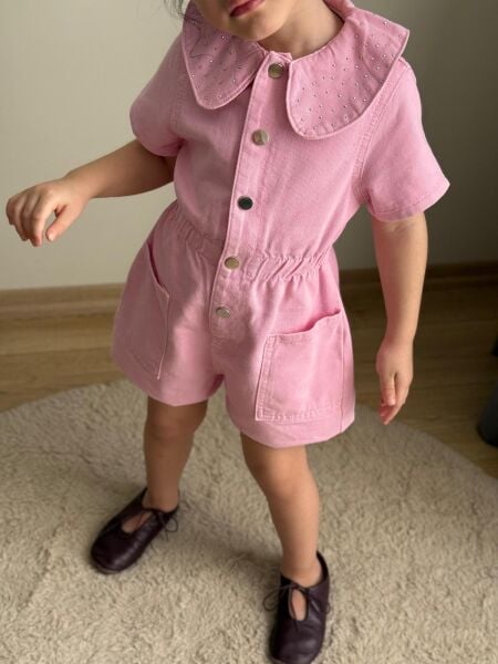 Denim taşlı tulum pembe (1 beden büyük tercih edebilirsiniz)