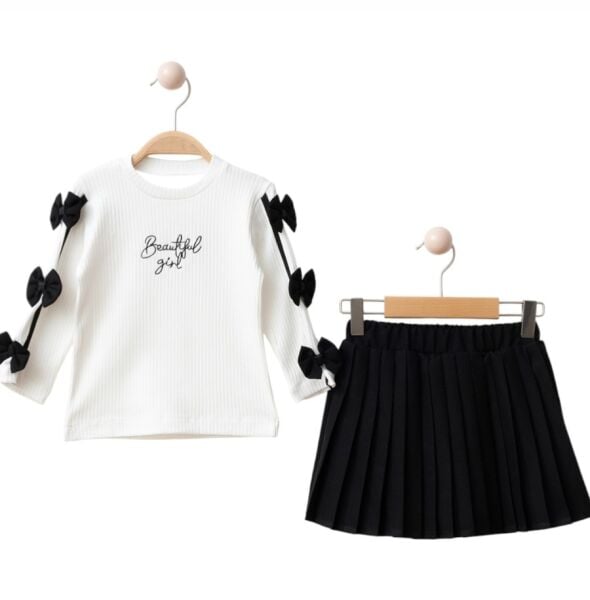 Fiyonk detaylı pileli etek takım beyaz