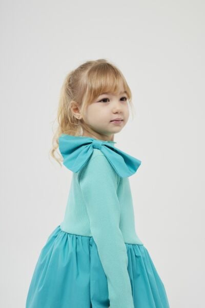 Fiyonk detaylı balon elbise turkuaz 5/6 yaş