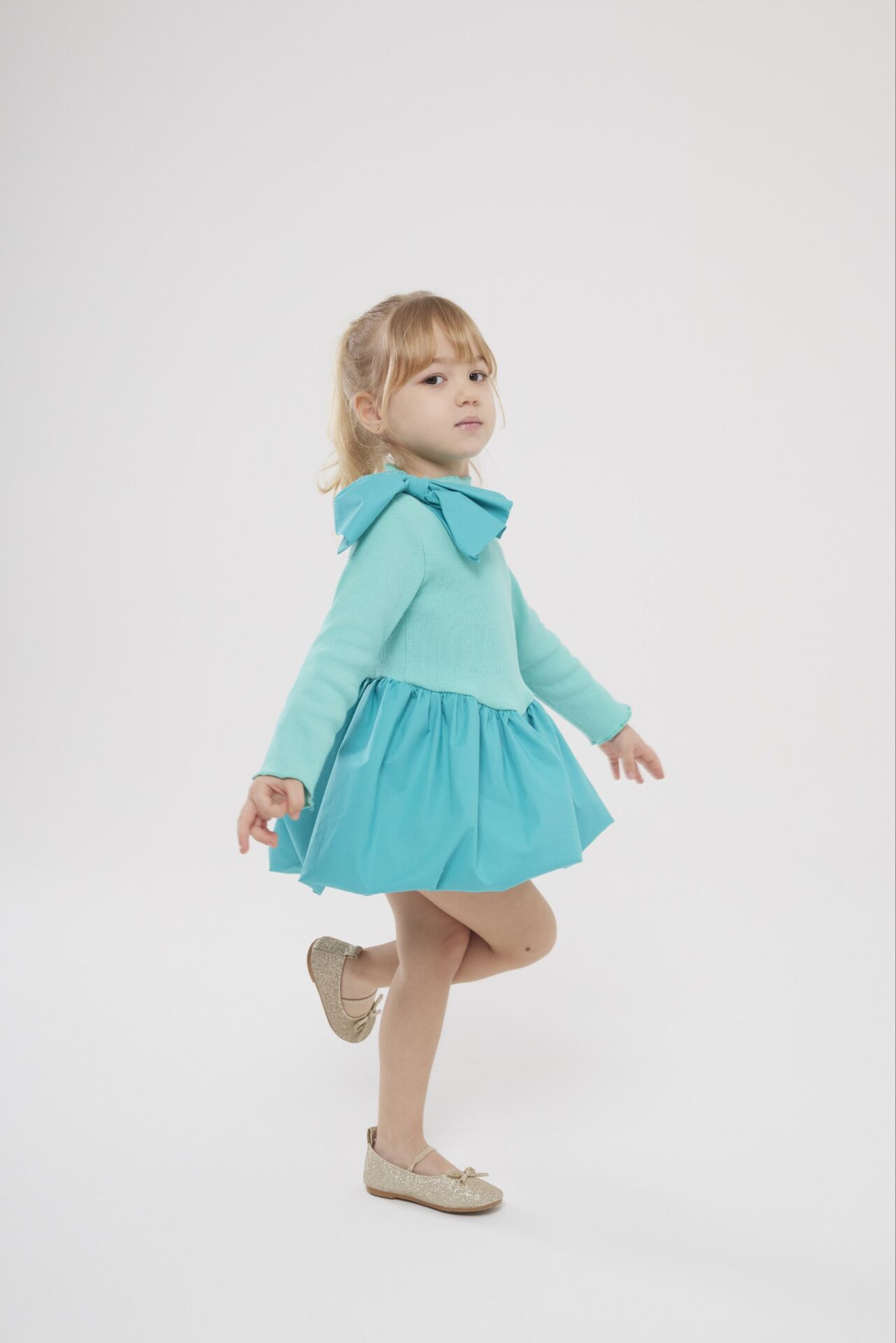 Fiyonk detaylı balon elbise turkuaz