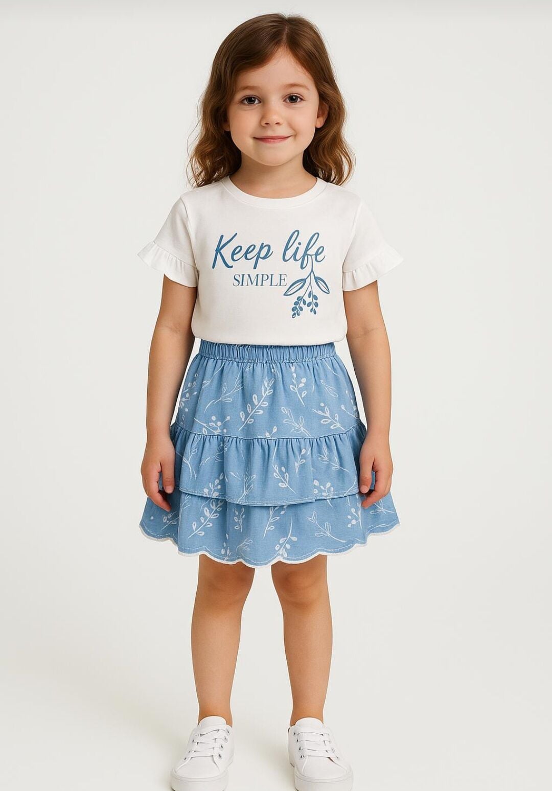 Işleme detaylı denim etekli takım