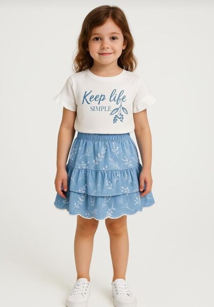 Işleme detaylı denim etekli takım