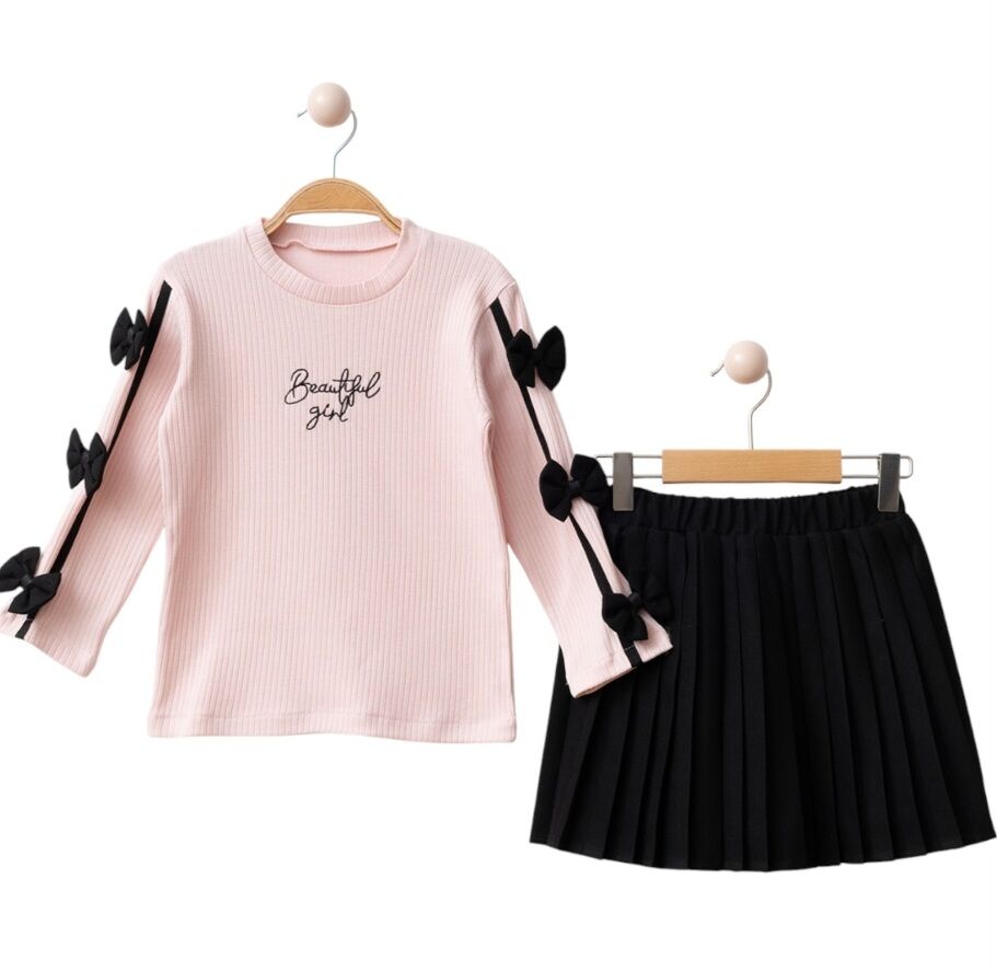 Fiyonk detaylı pileli etek takım pembe