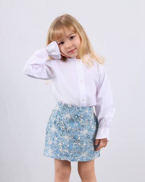 Brode işlemeli denim etek gömlek takım