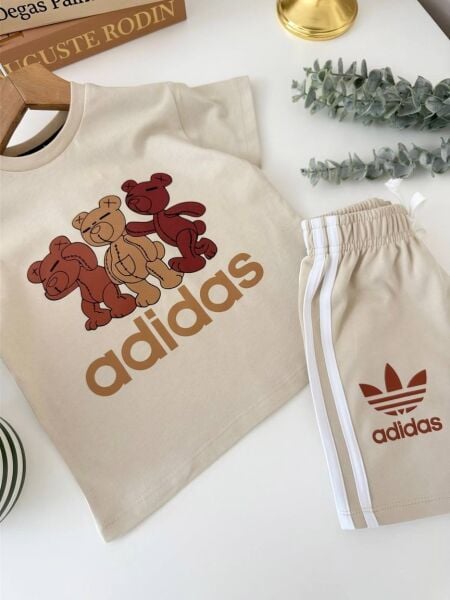 Bear baskılı şortlu takım krem