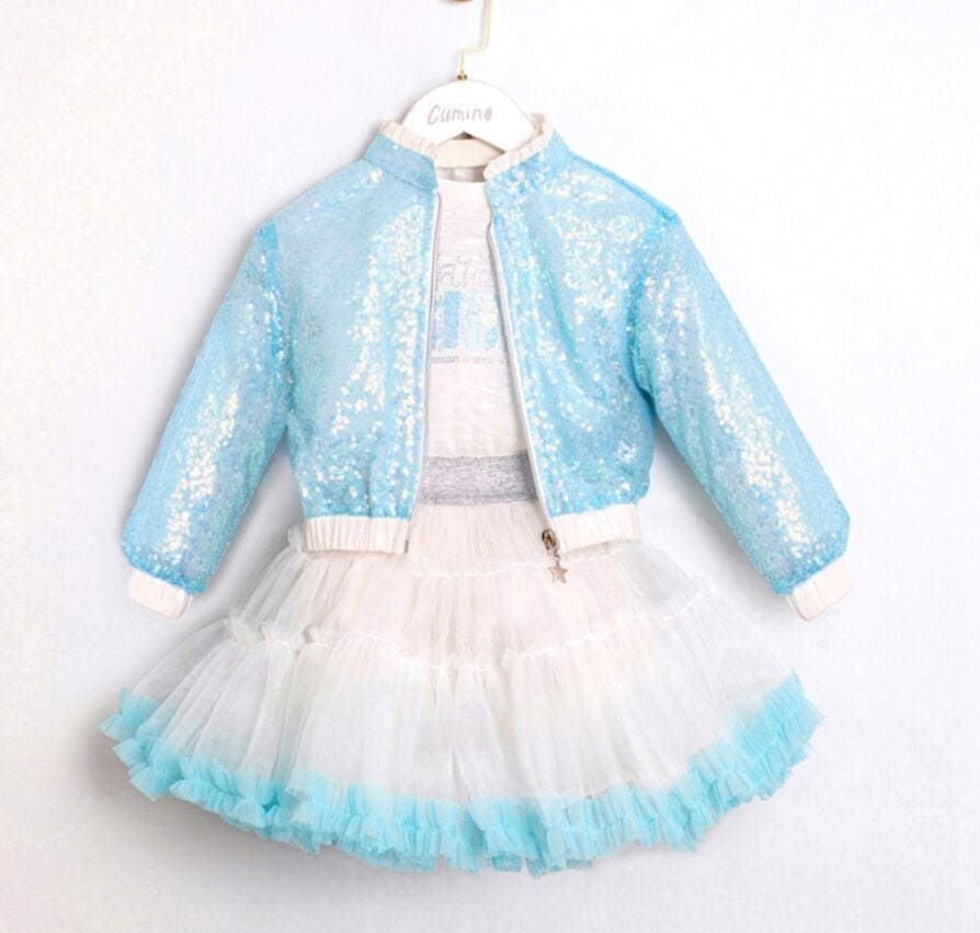 Payet ceket karnaval etek üçlü takım mavi