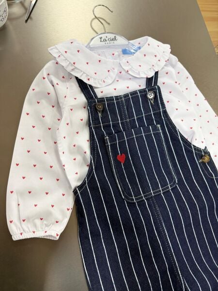 Kalp detaylı denim salopet&gömlek set