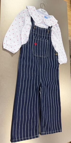 Kalp detaylı denim salopet&gömlek set
