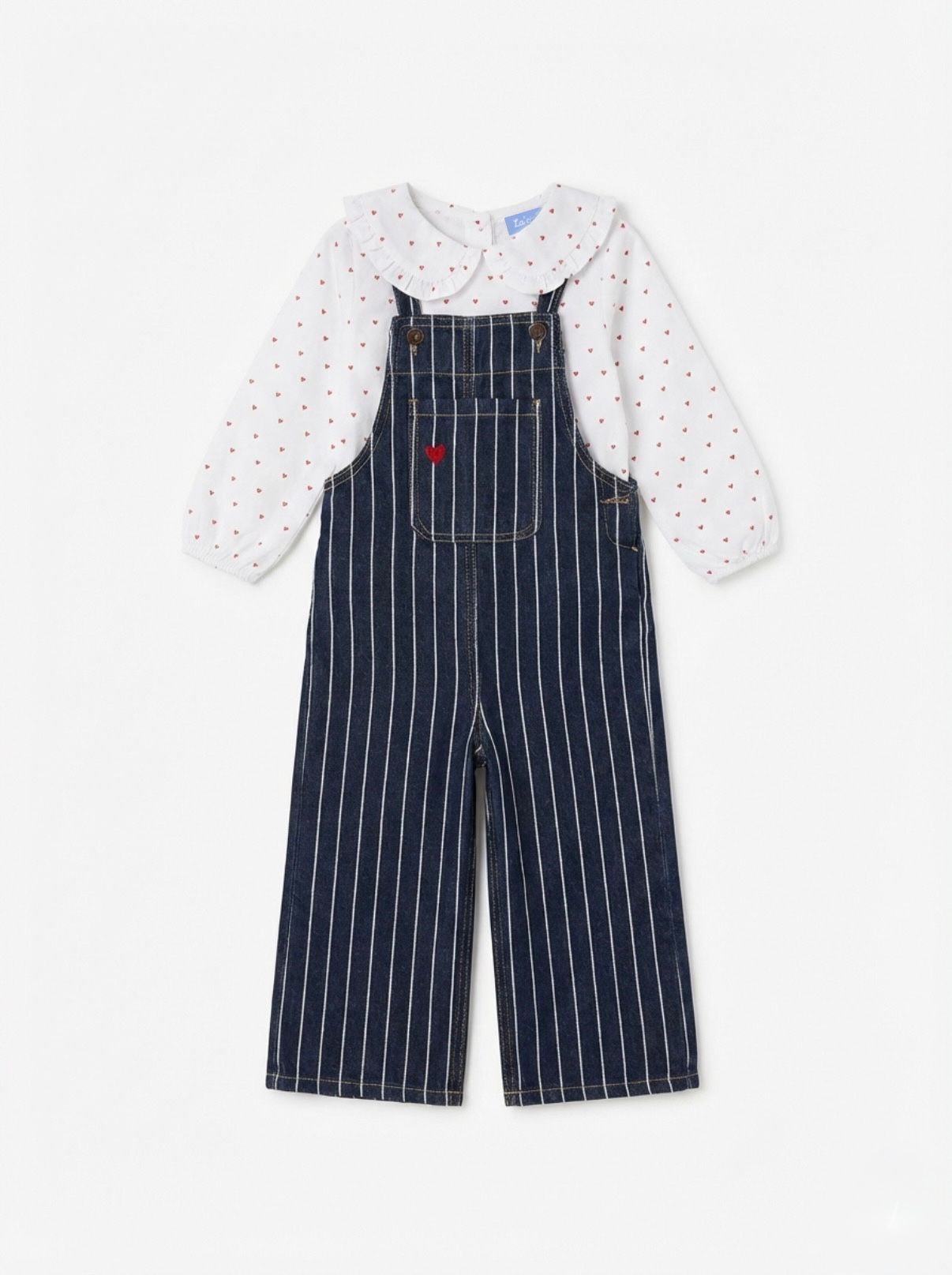 Kalp detaylı denim salopet&gömlek set