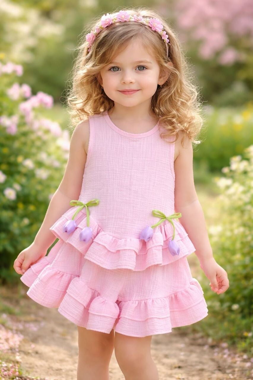 Lale aplikeli müslin takım pembe