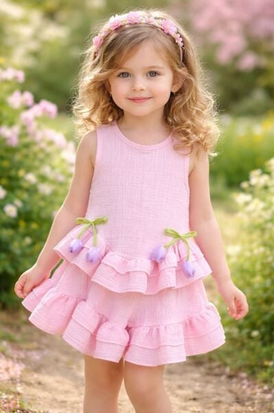 Lale aplikeli müslin takım pembe