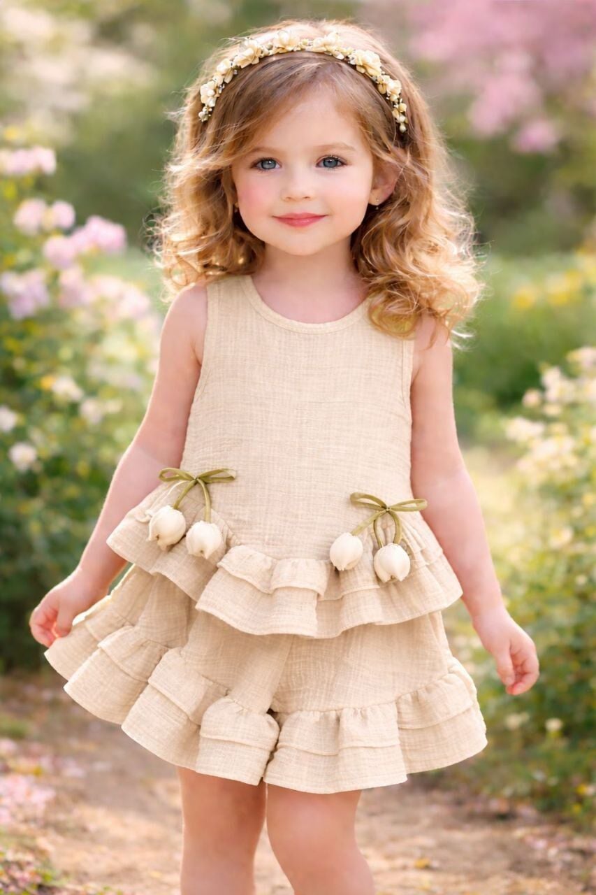 Lale aplikeli müslin takım krem