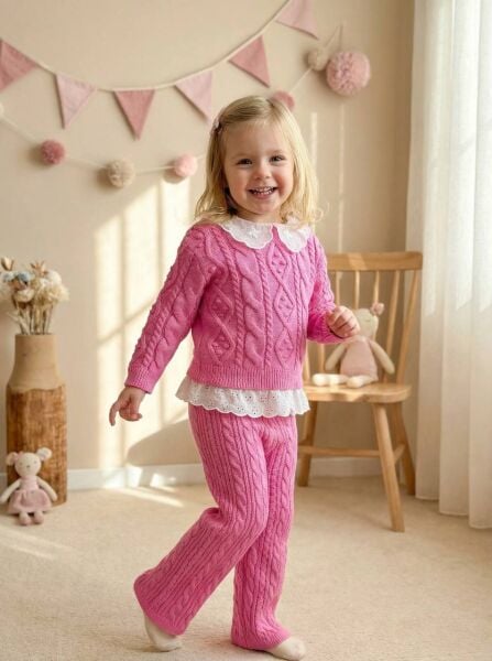 Yaka detaylı Pembe triko takım