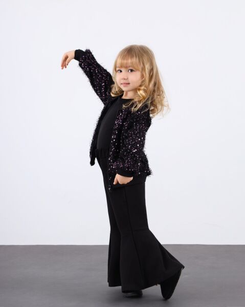 Kırçıllı mor payet detaylı üçlü set takım