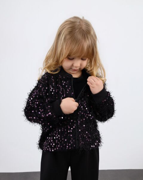 Kırçıllı mor payet detaylı üçlü set takım