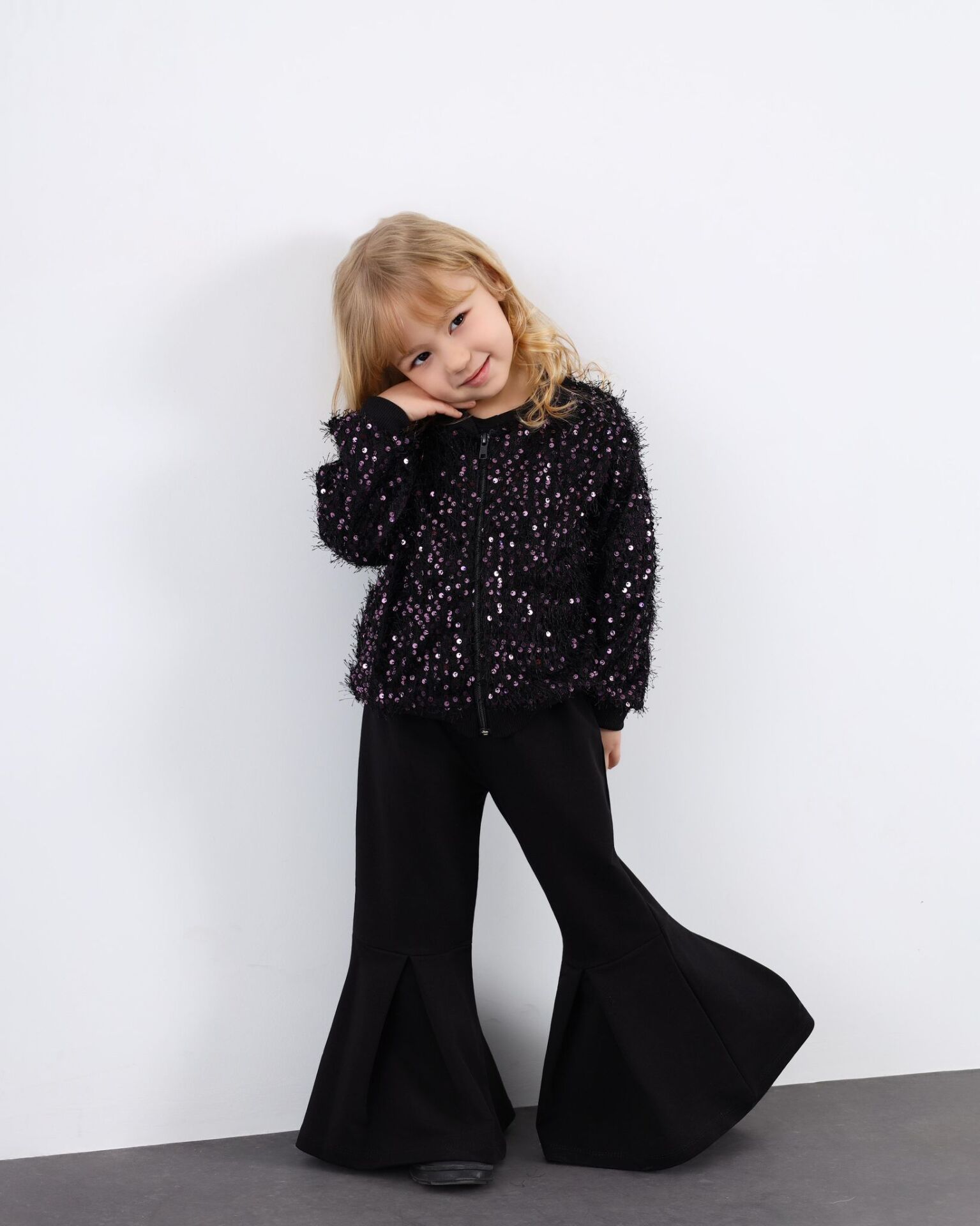 Kırçıllı mor payet detaylı üçlü set takım