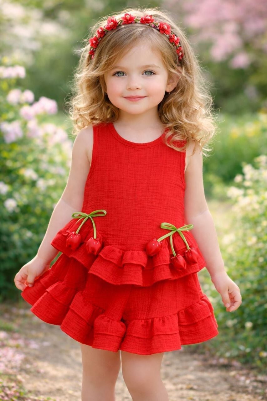 Lale aplikeli müslin takım kırmızı