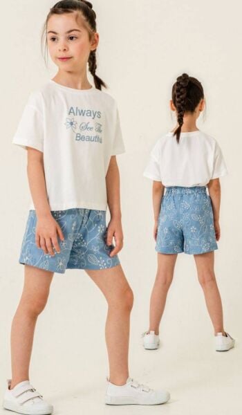 Işleme detaylı denim şortlu takım